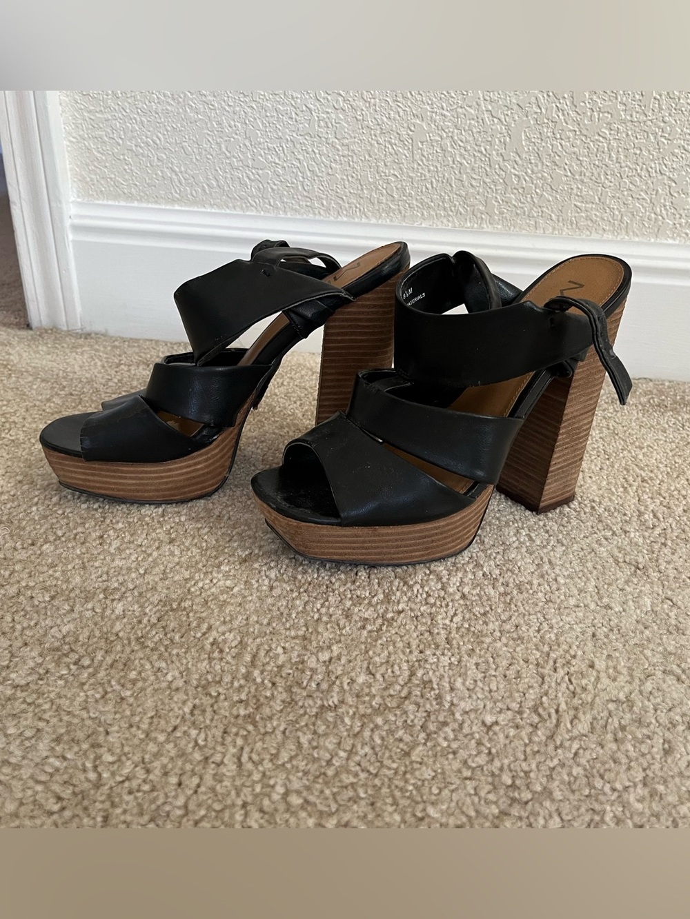 MIA Black Leather Platform Block Heel Sandals with Wood-Look Sole